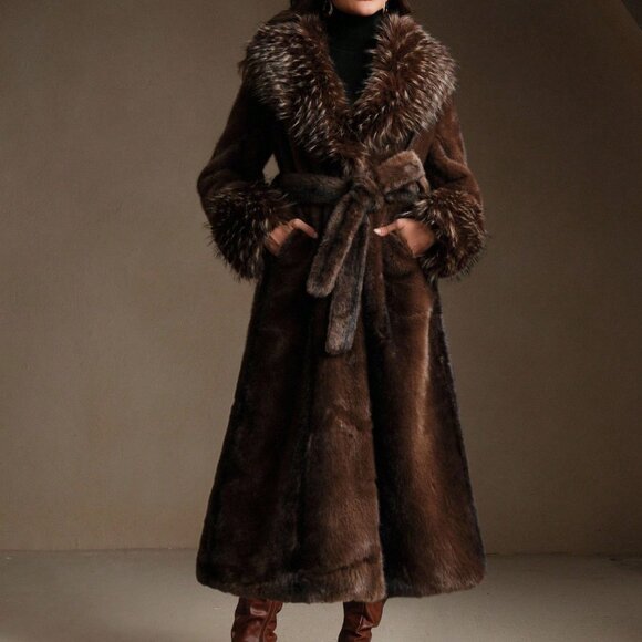 Brown elegantWomen's Two-Tone Faux Fur Collar Thick teddy belted Jacket - Picture 3 of 10